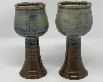 Pottery Handmade Stoneware Wine Goblet Signed Evergreen Pottery 2006 / Scott