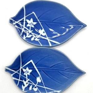 Ceramic Leaf Japanese Sushi Plates Blue and White Stamped Set of 2