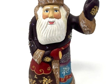 Russian Santa Claus Wooden Hand Carved and Hand Painted Statuette 8" as-is