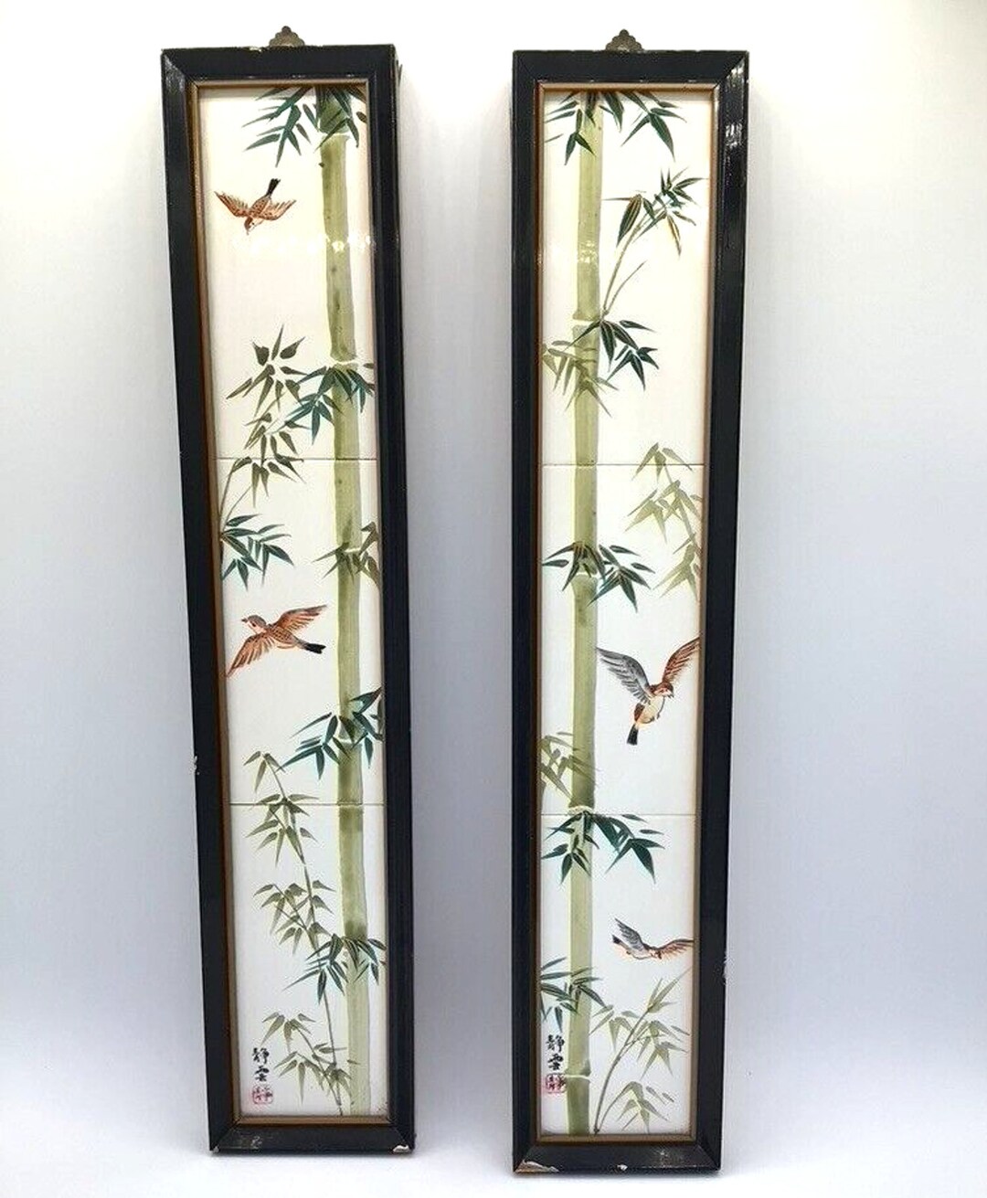 Set 2 Vtg Japan Hand Decorated Tile Art Framed Bamboo Birds Etsy