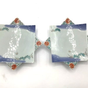 2 Vintage Japanese Sushi Plate Hand Painted Pottery 4.75” Square Japan