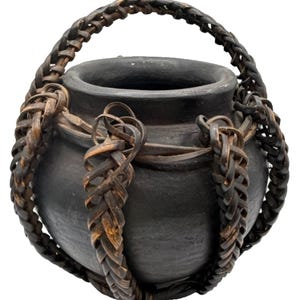 RARE Philippines Ifugao rattan wrapped earthenware pot incised bands basketry