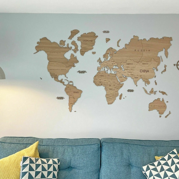 XL World Map Wooden Wall Art - World Globe Countries Travel Map - Sustainable Oak Wood 150cm