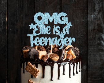 Personalised OMG Teenager Cake Topper Glitter Card 13th 13 Party Decorations | Rose Gold Pink Red Blue Black Silver | 11 Colours