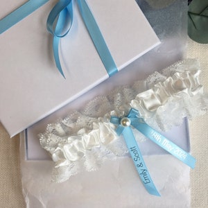 Personalised Garter White and Baby Blue with Silver Text Wedding Gift for the Bride Ideas Presents Gift Boxed image 6