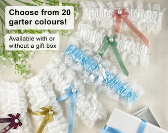 Personalised Garter - White and Blue - Something Blue - Wedding Gift for the Bride - Ideas Presents - Other Colours - Gift Boxed!