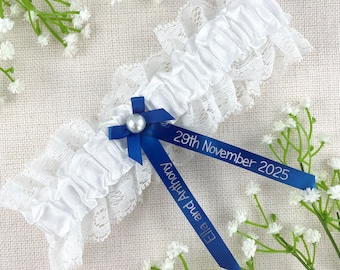 Personalised Garter - White and Royal Blue - Something Blue - Wedding Gift for the Bride - Ideas Presents