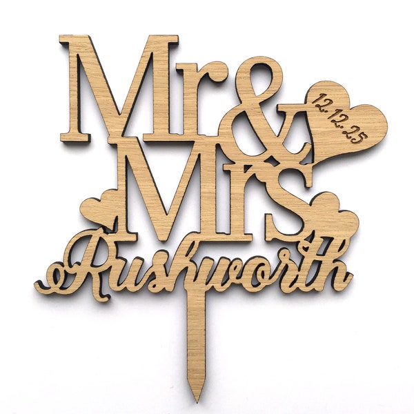 Personalised Wedding Cake Topper - Sustainable Oak Wood - Rustic - White Wood Option - Wooden - Mr Mrs - LGBTQI+