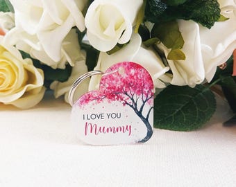I Love You Mummy Keyring, Cherry Blossom Mum Gift, Mother’s Day Keychain, Pink Floral Acrylic Keepsake, Birthday Present for Mum