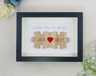 Personalised Wooden 'I Love You To Pieces' Valentine's Day Puzzle Pieces Couple Box Frame - Add your names - Anniversary or Birthday Gift