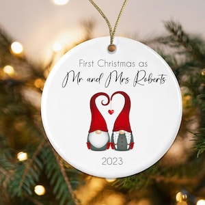 First Christmas as Mr & Mrs SURNAME Bauble New Couple Newly Weds Gonk Xmas Decoration | Mr and Mr or Mrs and Mrs