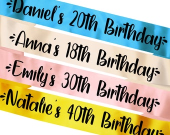 Personalised Adult Birthday Sash - 16th, 18th, 21st, 30th, 40th, 50th etc, Present Party Idea - Any Colour - Any Age!