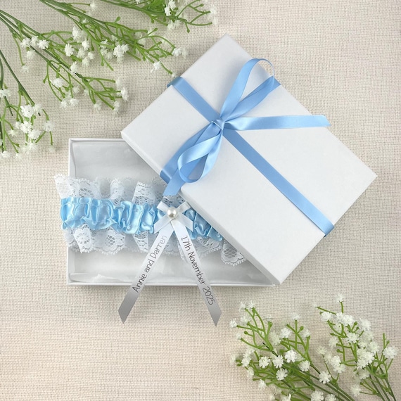 Personalised Garters All Colours - White and Blue - Something Blue - Wedding Gift for the Bride Ideas Presents Other Colours - Gift Boxed!