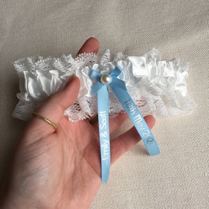 Personalised Garter White and Baby Blue with Silver Text Wedding Gift for the Bride Ideas Presents Gift Boxed image 3