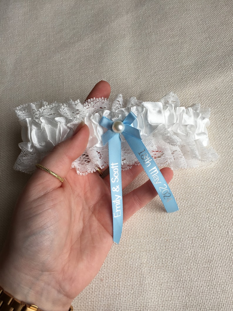 Personalised Garter White and Baby Blue with Silver Text Wedding Gift for the Bride Ideas Presents Gift Boxed image 3
