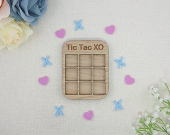 Love Hearts Tic Tac Toe Style Mini Board Game - Hearts and X's Valentine's Day Blue and Pink - Oak Wood and Acrylic - Anniversary - Birthday