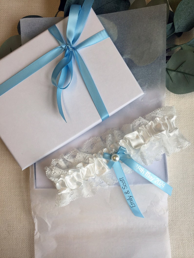 Personalised Garter White and Baby Blue with Silver Text Wedding Gift for the Bride Ideas Presents Gift Boxed image 6