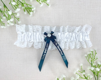 Personalised Garter - White and Teal Blue Green with Silver Text - Wedding Gift for the Bride - Ideas Presents