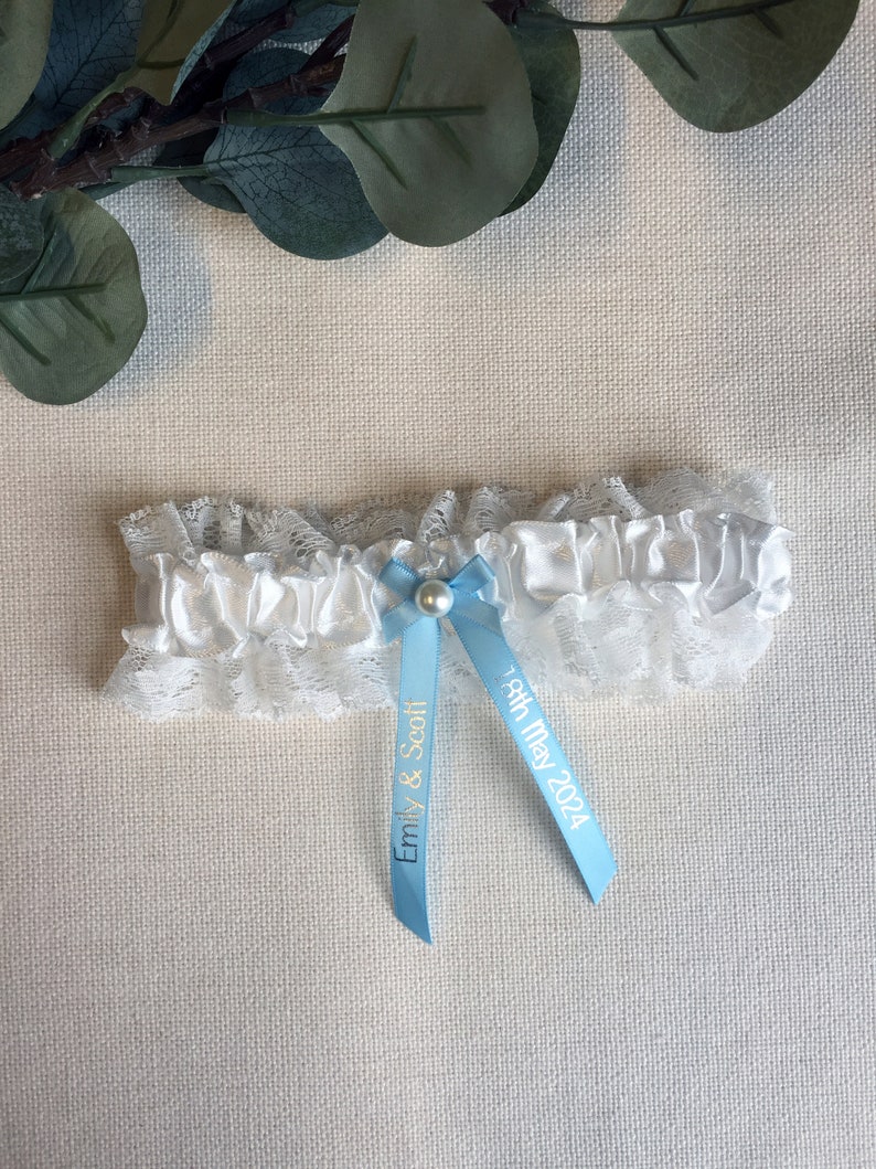 Personalised Garter White and Baby Blue with Silver Text Wedding Gift for the Bride Ideas Presents Gift Boxed image 7