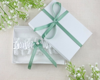 Personalised Garter - White and Sage Green with Silver Text - Wedding Gift for the Bride - Ideas Presents - Gift Boxed!