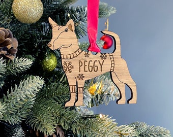Personalised Portuguese Podengo Bauble Jumper Dog Bauble - Oak Veneer Wood - Add any name