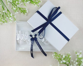 Personalised Garter - White and Navy Blue with Silver Text - Wedding Gift for the Bride - Ideas Presents - Gift Boxed!