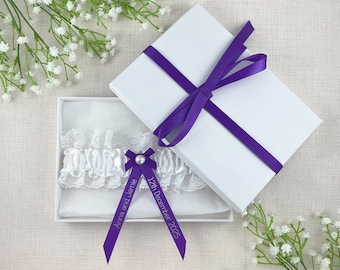 Personalised Garter - White and Purple - Wedding Gift for the Bride - Ideas Presents - Gift Boxed!