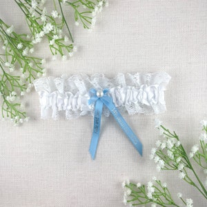 Personalised Garter White and Baby Blue with Silver Text Wedding Gift for the Bride Ideas Presents Gift Boxed image 5