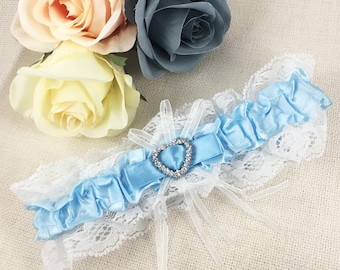 White & Blue Diamanté Heart Bridal Garter - Wedding Gift for the Bride to Be Something Blue Hen Party Engagement