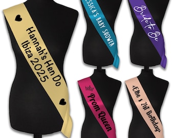 Personalised Sash for Birthdays, Hen Parties, Baby Shower Details - Choice of Colour, Font and Graphics