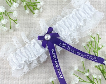 Personalised Garter - White and Purple - Wedding Gift for the Bride - Ideas Presents