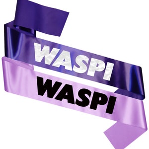 May include: Two purple satin ribbons with the word "WASPI" printed on them in white and black lettering.