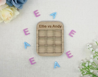 Personalised Initials Tic Tac Toe Style Mini Board Game - Valentine's Day Blue and Pink - Oak Wood and Acrylic - Anniversary - Birthday