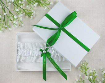 Personalised Garter - White and Emerald Green and Gold Text - Wedding Gift for the Bride - Ideas Presents - Gift Boxed!