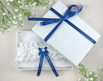 Personalised Garter - White and Royal Blue - Wedding Gift for the Bride - Ideas Presents - Gift Boxed!