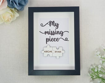 Personalised Wooden 'My Missing Piece' Valentine's Day Puzzle Pieces Couple Box Frame - Add your names - Anniversary or Birthday Gift