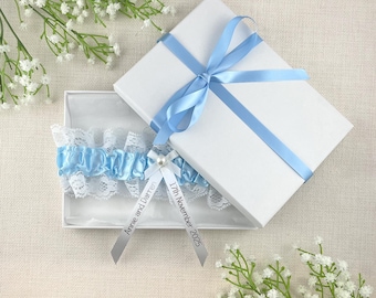 Personalised Garter - White and Blue Garter with Silver Text - Something Blue - Wedding Gift for the Bride - Ideas Presents - Gift Boxed!