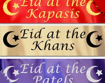 Personalised Eid at the Surname Banner | Family Eid Decoration | Satin Ribbon Islamic Decor | Eid Ramadan Home Banner | Moon Star