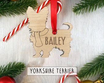 Yorkshire Terrier Personalised Dog Christmas Decoration Bauble Silhouette Scarf Puppy Memorial | Add your pets name - other breeds available