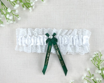 Personalised Garter - White and Bottle Green with Gold Text - Wedding Gift for the Bride - Ideas Presents