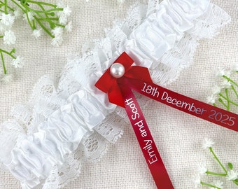 Personalised Garter - White and Red - Wedding Gift for the Bride - Ideas Presents