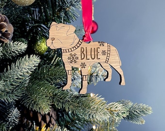 Personalised Staffy Bauble Jumper Dog Bauble - Oak Veneer Wood - Add any name
