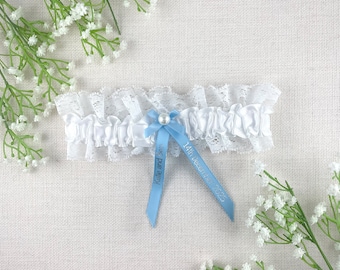Personalised Garter - White and Baby Blue with Silver Text - Wedding Gift for the Bride - Ideas Presents