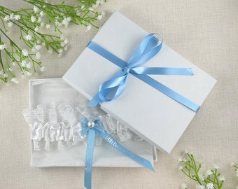Personalised Garter - White and Baby Blue with Silver Text - Wedding Gift for the Bride - Ideas Presents - Gift Boxed!