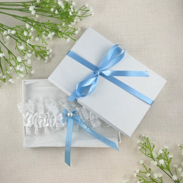 Personalised Garter - White and Baby Blue with Silver Text - Wedding Gift for the Bride - Ideas Presents - Gift Boxed!