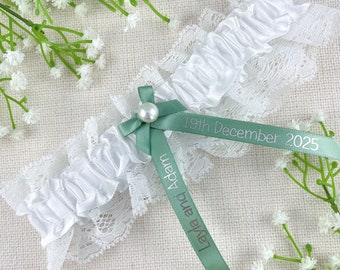 Personalised Garter - White and Sage Green with Silver Text - Wedding Gift for the Bride - Ideas Presents