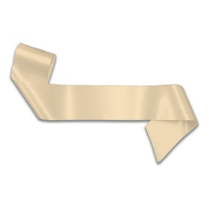 May include: A beige satin ribbon with a curled end. The ribbon is flat and has a smooth, shiny surface.