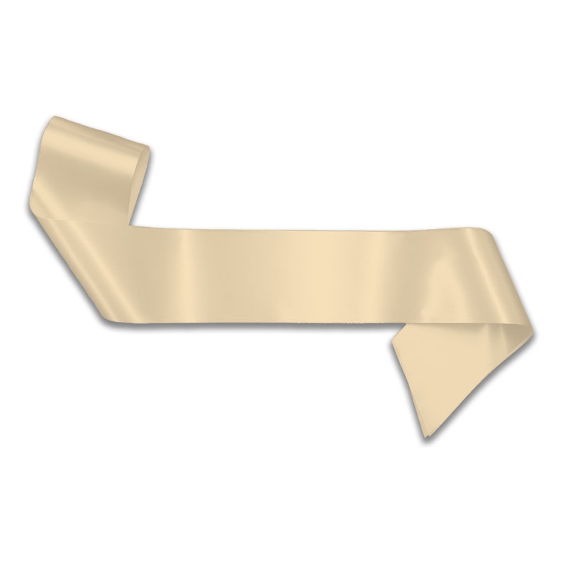 May include: A beige satin ribbon with a curled end. The ribbon is flat and has a smooth, shiny surface.