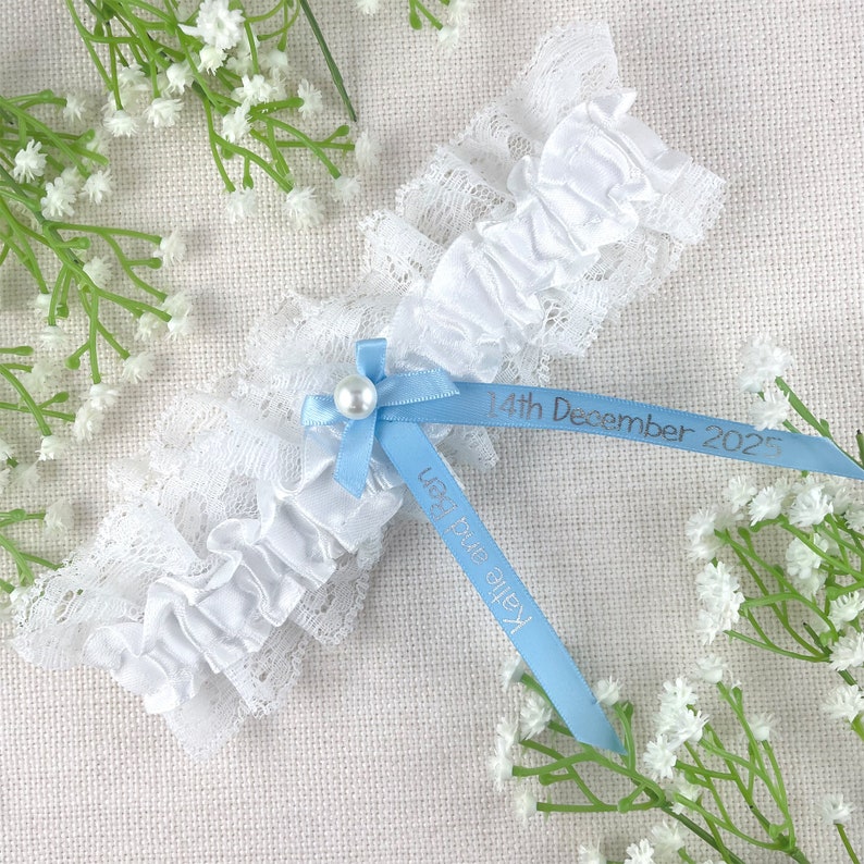 Personalised Garter White and Baby Blue with Silver Text Wedding Gift for the Bride Ideas Presents Gift Boxed Just the garter