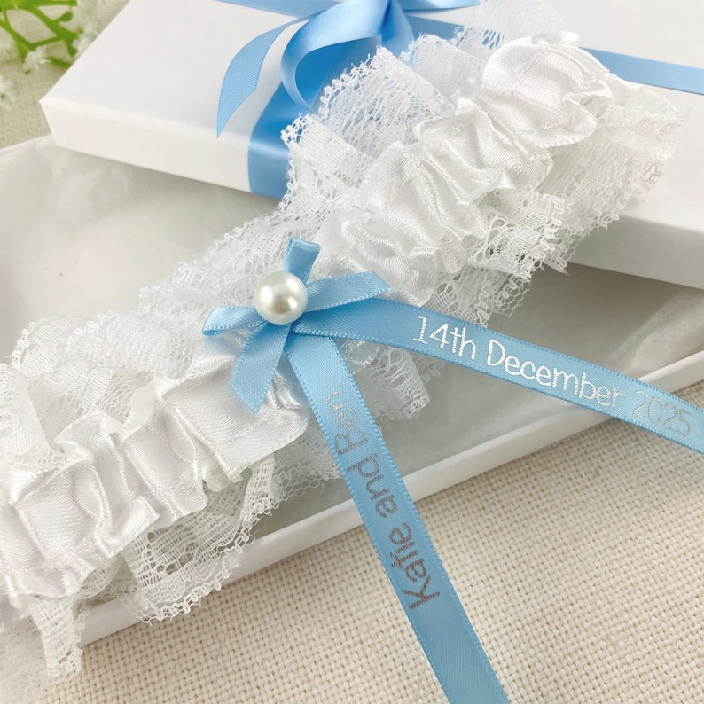 Personalised Garter White and Baby Blue with Silver Text Wedding Gift for the Bride Ideas Presents Gift Boxed image 2